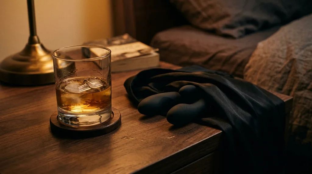 Verre de whisky ambré et sextoys sur table de chevet vintage — pute au tel mature Mélanie